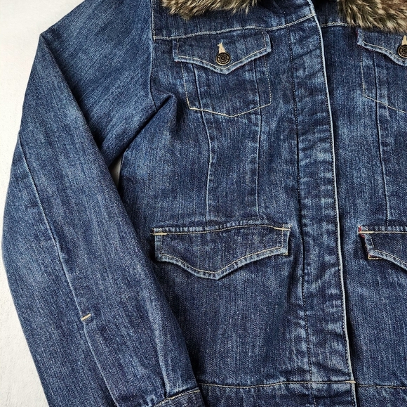 VTG Grizzly Plaid Flannel Lined Denim Jean Jacket Coat Removable Fur Collar Med - Picture 5 of 8